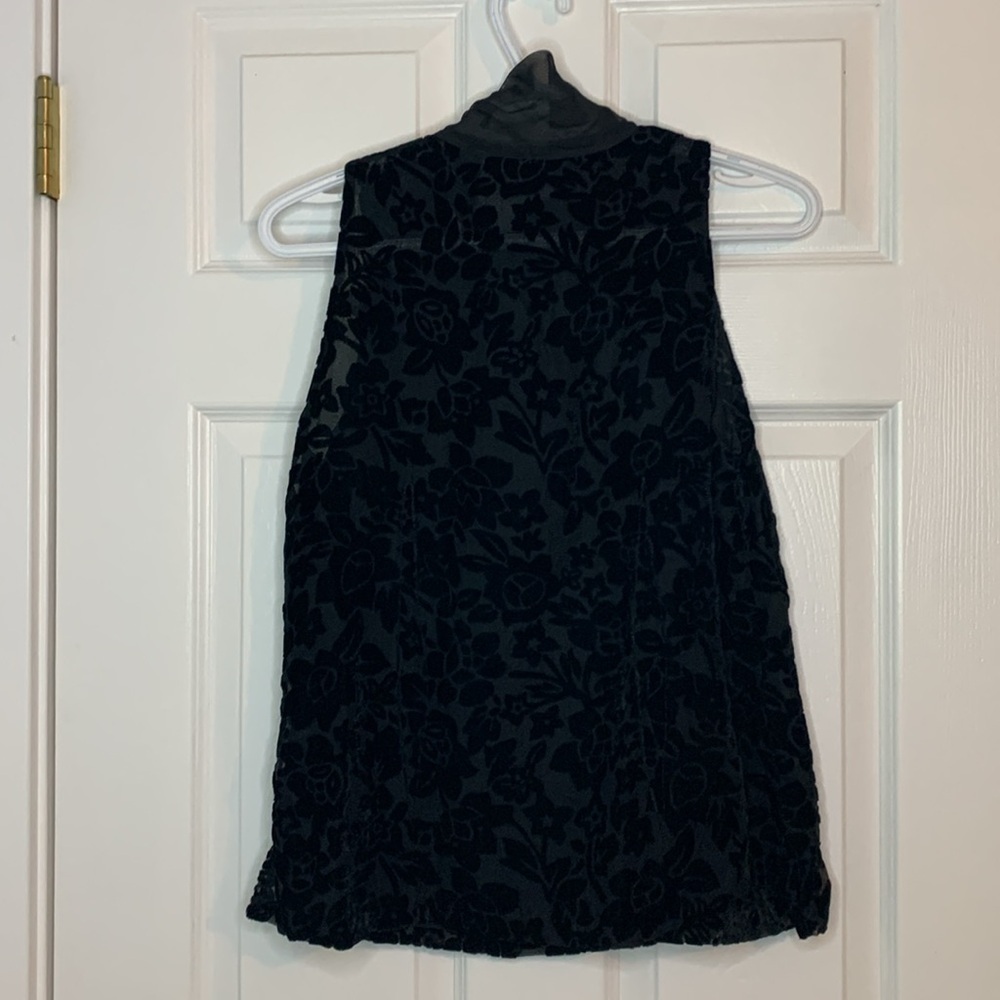 Black Velvet Burnout Floral Blouse Semi Sheer Sleeveless Collared Neck Bow Party - Picture 7 of 13